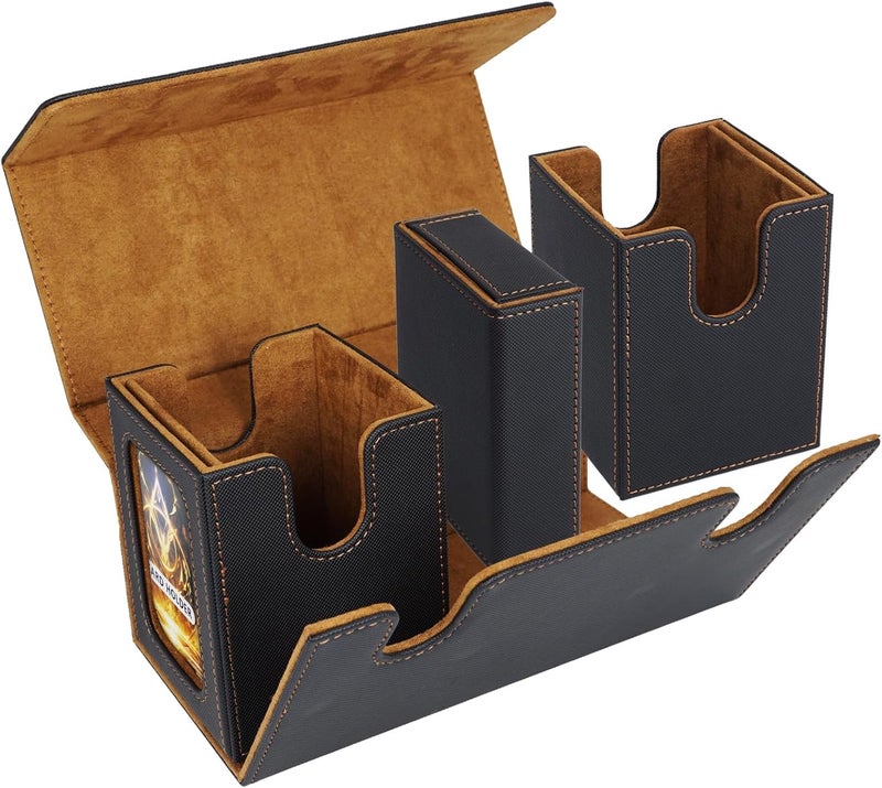 AFIING MTG Commander Deck Box 200 Double Sleeved Cards Storage, 3-in-1 Magnetic Card Case Organizer for Magic: The Gathering TCG CCG, 4 Dividers & 2 Toploaders (Black/Gold) - Image 3